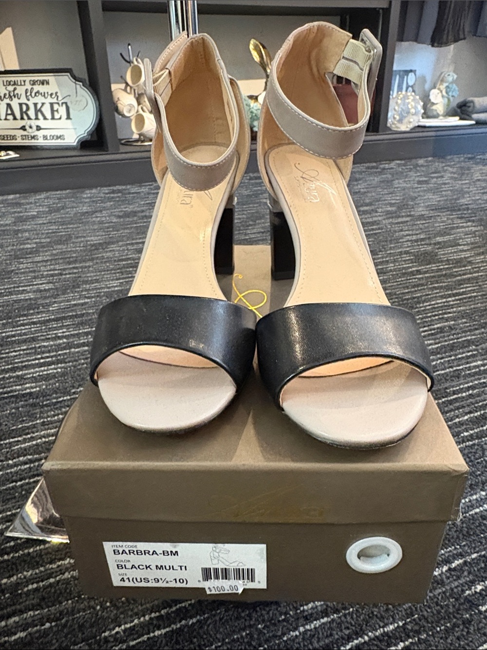 Barba Black and Beige Ankle-Strap Block Heel Sandals
